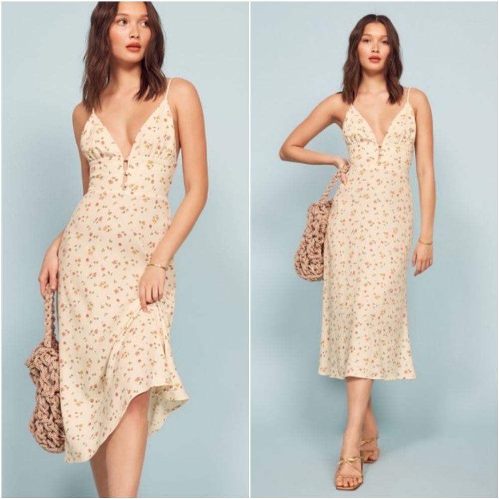 Reformation Cream Floral Slip Midi Dress